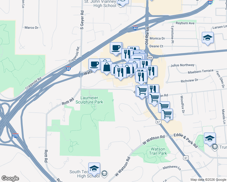 map of restaurants, bars, coffee shops, grocery stores, and more near 12460 Rott Road in St. Louis