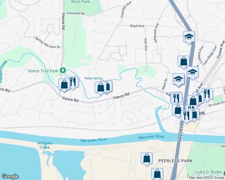 map of restaurants, bars, coffee shops, grocery stores, and more near 260 Vance Road in Valley Park