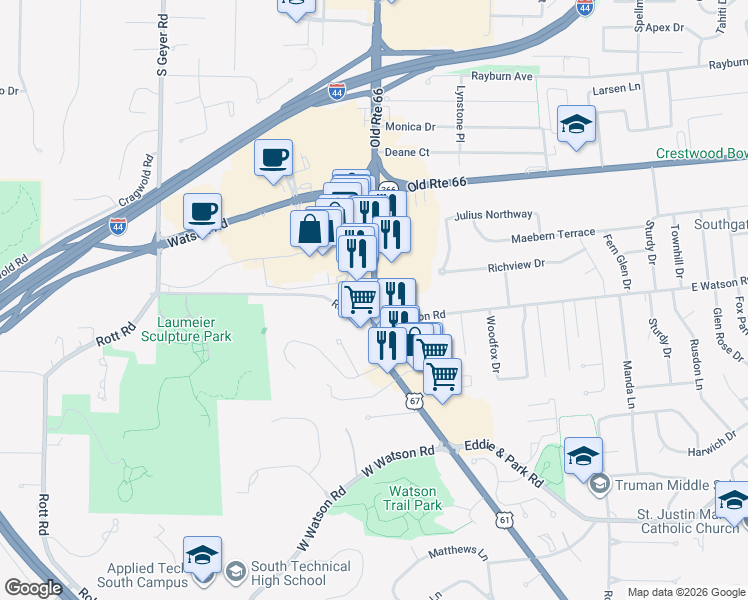map of restaurants, bars, coffee shops, grocery stores, and more near 3665 South Lindbergh Boulevard in St. Louis