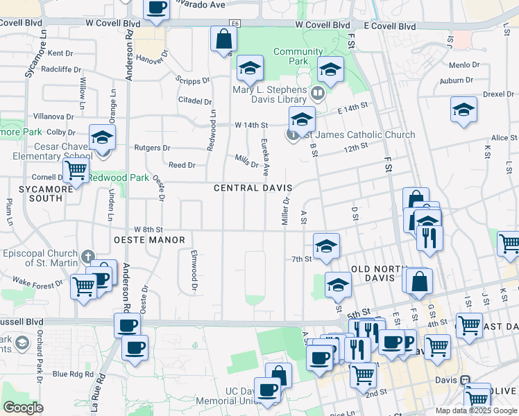 map of restaurants, bars, coffee shops, grocery stores, and more near 837 Eureka Avenue in Davis