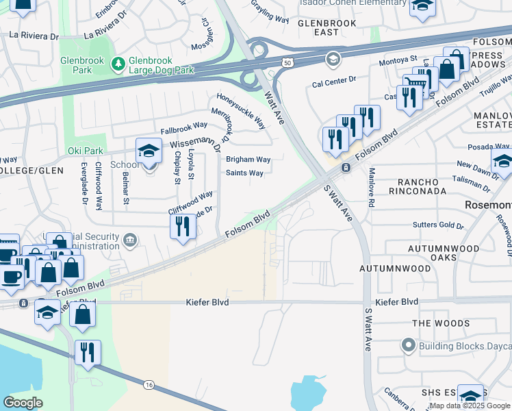 map of restaurants, bars, coffee shops, grocery stores, and more near 8751 Folsom Boulevard in Sacramento