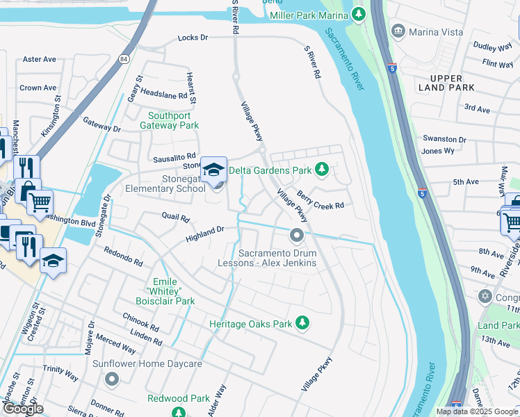 map of restaurants, bars, coffee shops, grocery stores, and more near 1420 Redding Road in West Sacramento