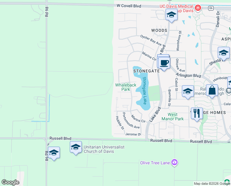 map of restaurants, bars, coffee shops, grocery stores, and more near 3416 Cutter Place in Davis