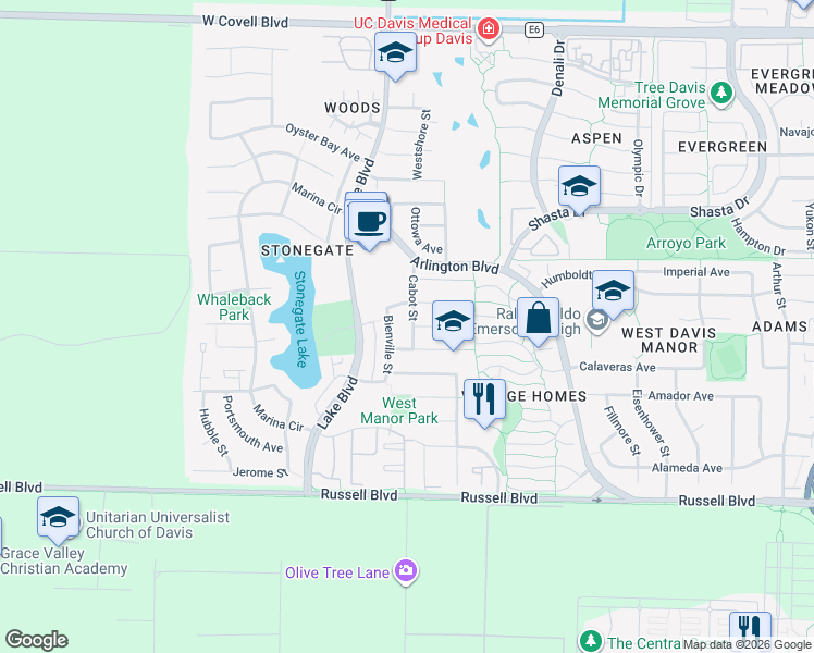 map of restaurants, bars, coffee shops, grocery stores, and more near 2763 Eel Place in Davis