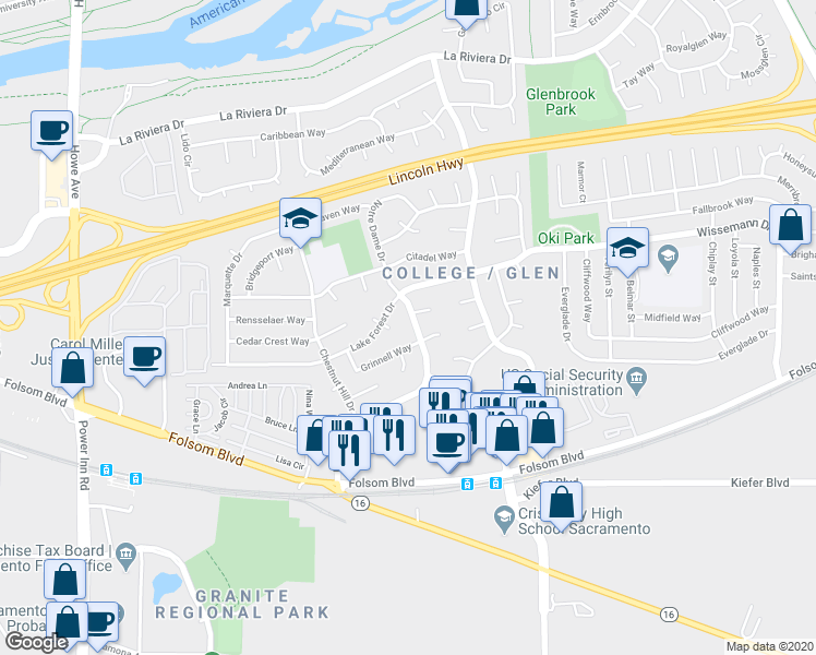 map of restaurants, bars, coffee shops, grocery stores, and more near 8359 Grinnell Way in Sacramento