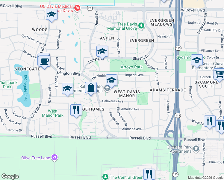 map of restaurants, bars, coffee shops, grocery stores, and more near 2121 Calaveras Avenue in Davis