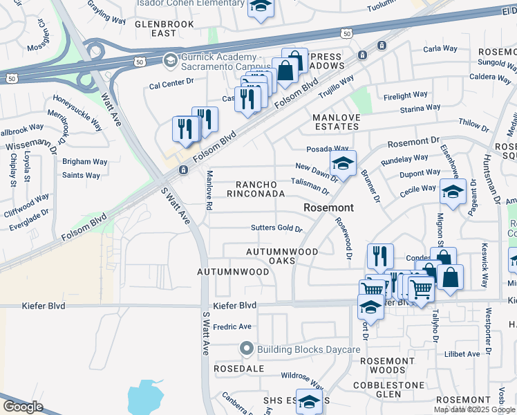 map of restaurants, bars, coffee shops, grocery stores, and more near 8944 Fashion Drive in Sacramento