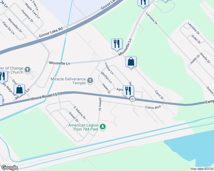 map of restaurants, bars, coffee shops, grocery stores, and more near 9 Helen Court in Cahokia