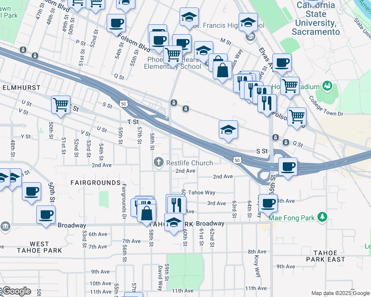map of restaurants, bars, coffee shops, grocery stores, and more near 2301 60th Street in Sacramento