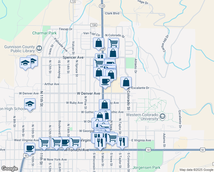 map of restaurants, bars, coffee shops, grocery stores, and more near 707 N Iowa St in Gunnison