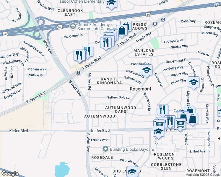 map of restaurants, bars, coffee shops, grocery stores, and more near 8944 Fashion Drive in Sacramento