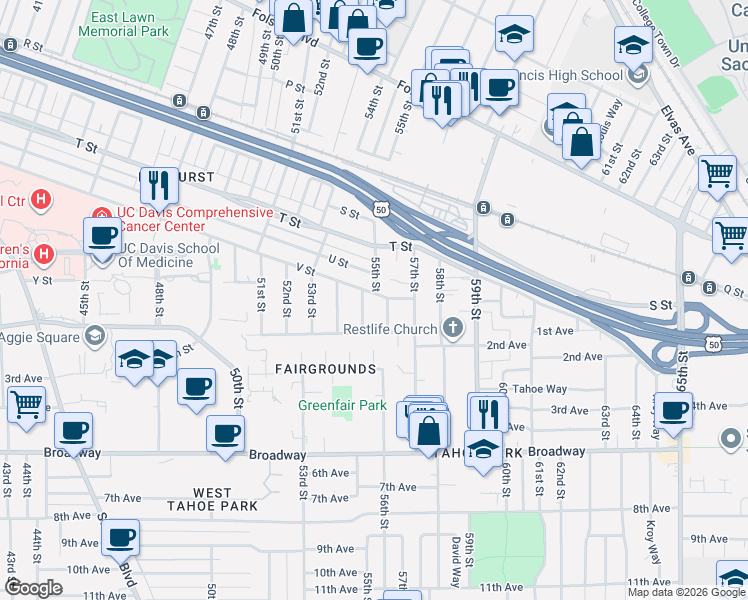 map of restaurants, bars, coffee shops, grocery stores, and more near 2508 55th Street in Sacramento