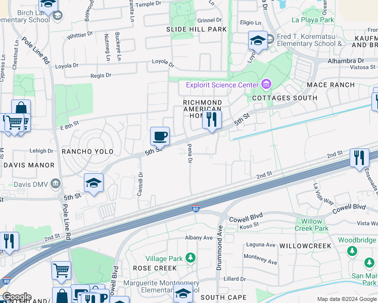 map of restaurants, bars, coffee shops, grocery stores, and more near 2744 Del Rio Place in Davis