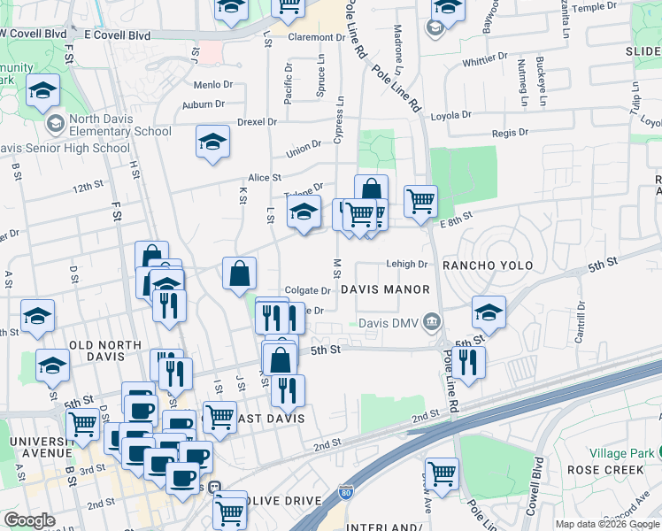 map of restaurants, bars, coffee shops, grocery stores, and more near 719 M Street in Davis