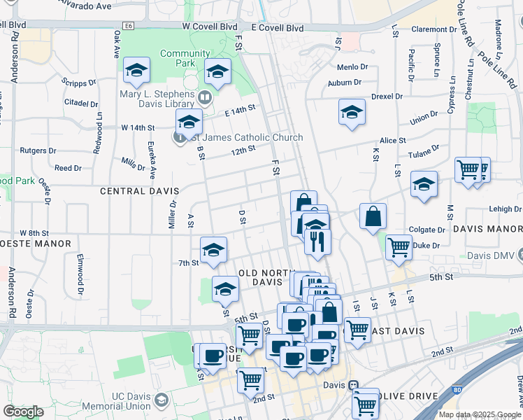 map of restaurants, bars, coffee shops, grocery stores, and more near 615-A/B East 8th Street in Davis