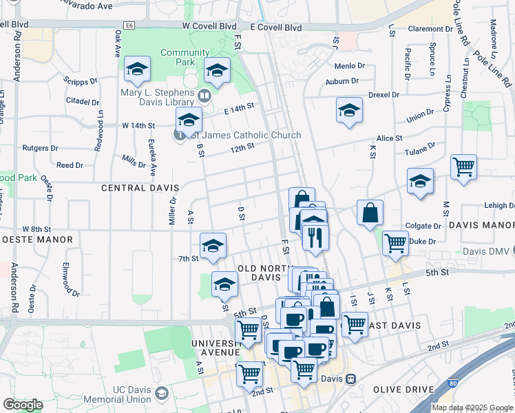 map of restaurants, bars, coffee shops, grocery stores, and more near 615-A/B East 8th Street in Davis