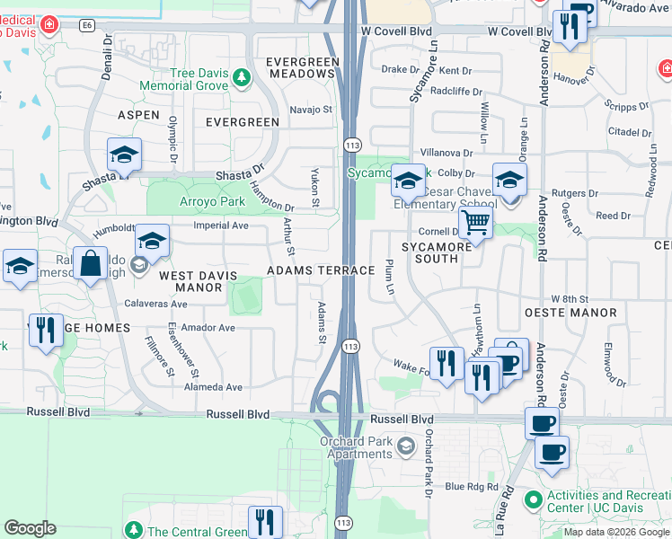 map of restaurants, bars, coffee shops, grocery stores, and more near 800 Adams Street in Davis