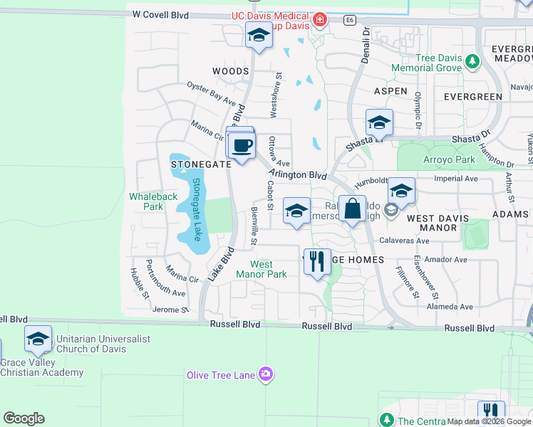 map of restaurants, bars, coffee shops, grocery stores, and more near 2763 Eel Place in Davis