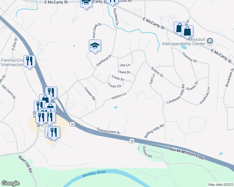 map of restaurants, bars, coffee shops, grocery stores, and more near 429 Hutton Lane in Jefferson City