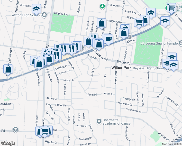 map of restaurants, bars, coffee shops, grocery stores, and more near 9211 Lucia Drive in Affton