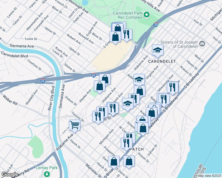 map of restaurants, bars, coffee shops, grocery stores, and more near 7505 Alabama Avenue in St. Louis