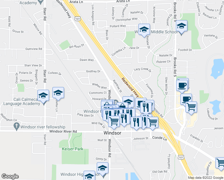 map of restaurants, bars, coffee shops, grocery stores, and more near 9152 Windsor Road in Windsor