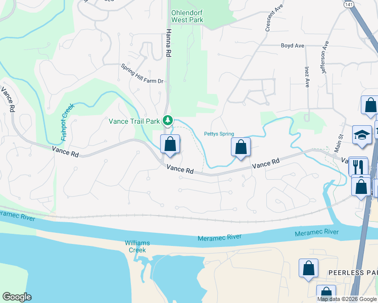 map of restaurants, bars, coffee shops, grocery stores, and more near 1462 Summertree Springs Avenue in Valley Park
