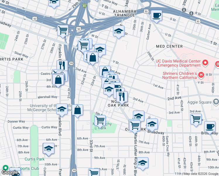 map of restaurants, bars, coffee shops, grocery stores, and more near in Sacramento