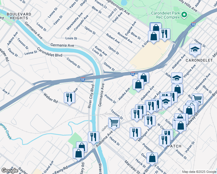 map of restaurants, bars, coffee shops, grocery stores, and more near 7851 Bandero Drive in St. Louis