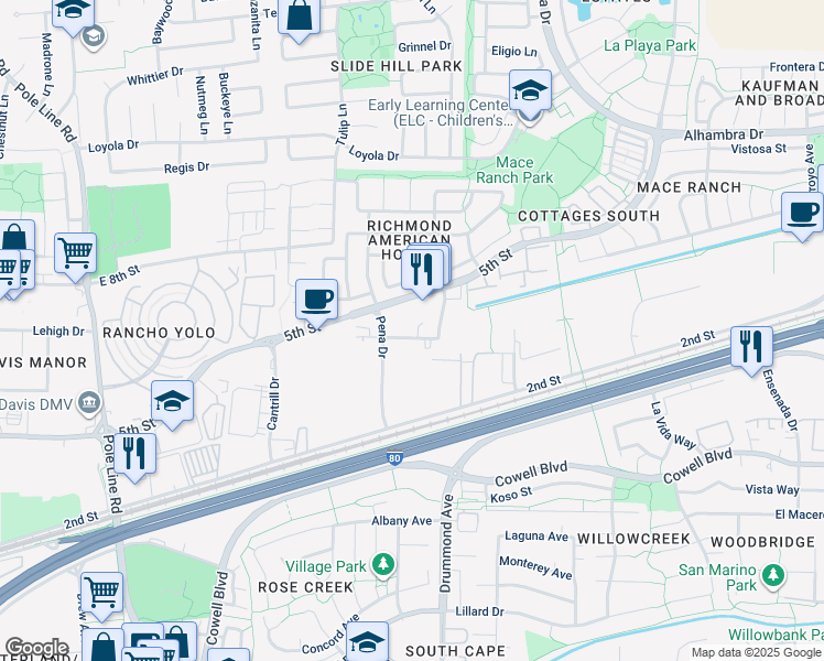 map of restaurants, bars, coffee shops, grocery stores, and more near 2828 Spafford Street in Davis