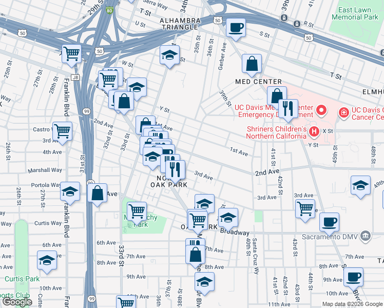 map of restaurants, bars, coffee shops, grocery stores, and more near 2nd Avenue & 37th Street in Sacramento