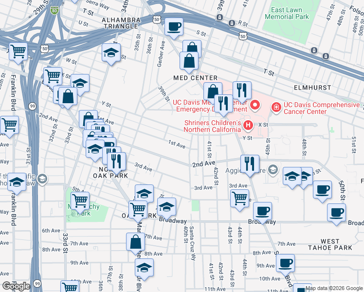 map of restaurants, bars, coffee shops, grocery stores, and more near 3962 1st Avenue in Sacramento