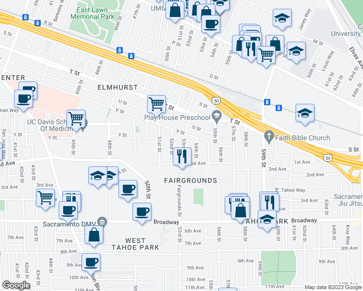 map of restaurants, bars, coffee shops, grocery stores, and more near 2524 53rd Street in Sacramento