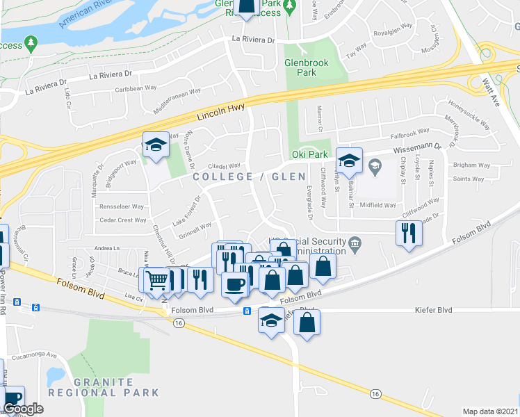 map of restaurants, bars, coffee shops, grocery stores, and more near Occidental Dr & Gonzaga Ct in Sacramento