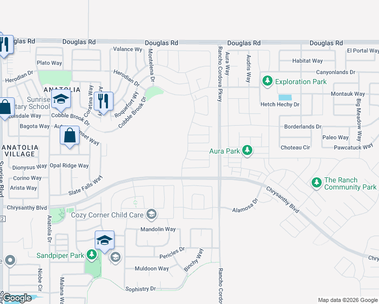 map of restaurants, bars, coffee shops, grocery stores, and more near 4162 Jaeger Road in Rancho Cordova