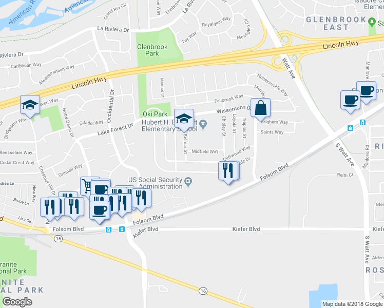 map of restaurants, bars, coffee shops, grocery stores, and more near 8594 Cliffwood Way in Sacramento