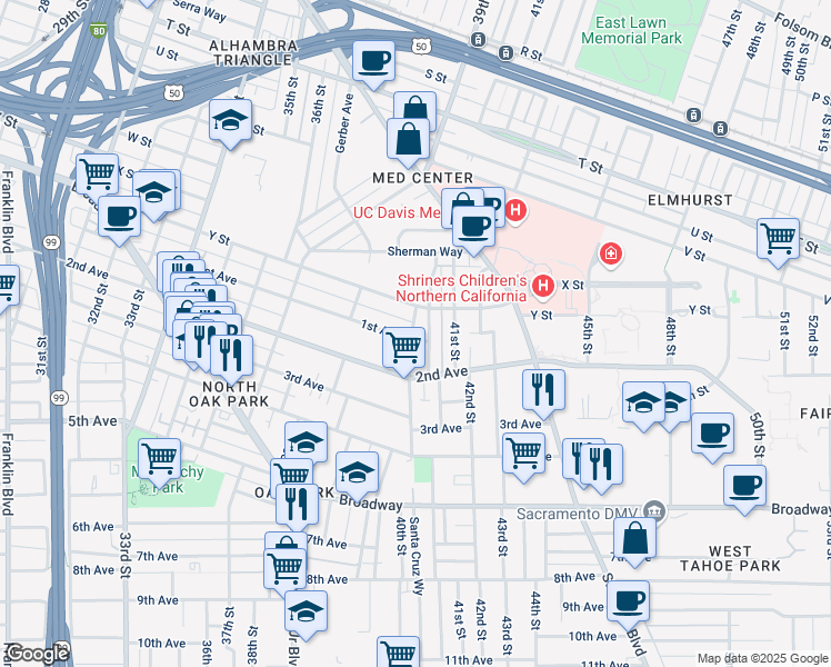 map of restaurants, bars, coffee shops, grocery stores, and more near 2609 San Jose Way in Sacramento