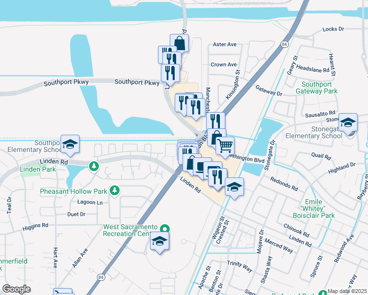 map of restaurants, bars, coffee shops, grocery stores, and more near 202 Touchstone Place in West Sacramento