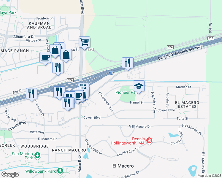 map of restaurants, bars, coffee shops, grocery stores, and more near 5051 Veranda Terrace in Davis