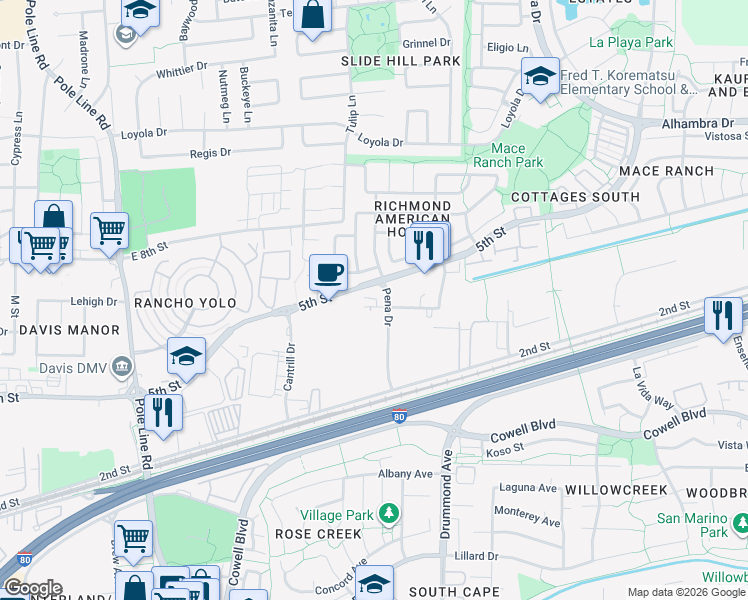 map of restaurants, bars, coffee shops, grocery stores, and more near 2744 Del Rio Place in Davis