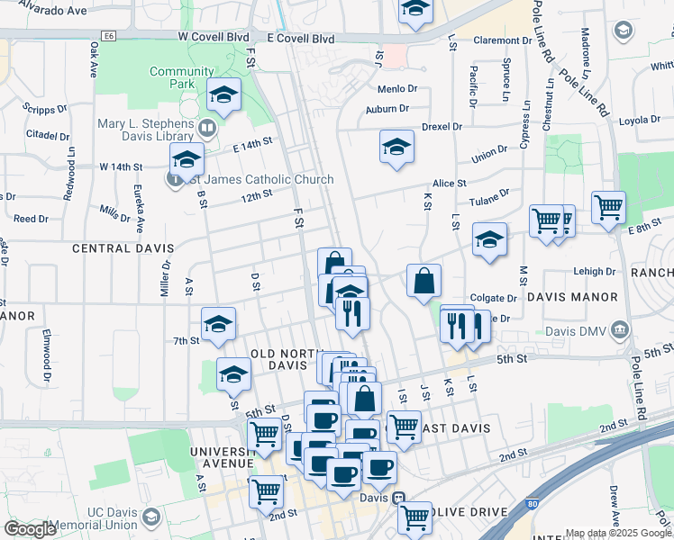 map of restaurants, bars, coffee shops, grocery stores, and more near 735 H Street in Davis