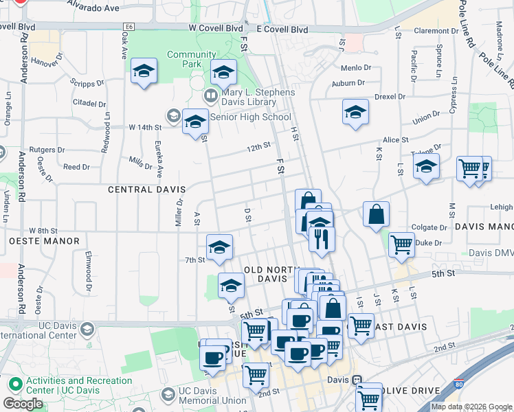 map of restaurants, bars, coffee shops, grocery stores, and more near 822 D Street in Davis