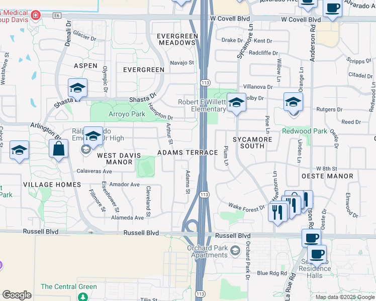 map of restaurants, bars, coffee shops, grocery stores, and more near 800 Adams Street in Davis