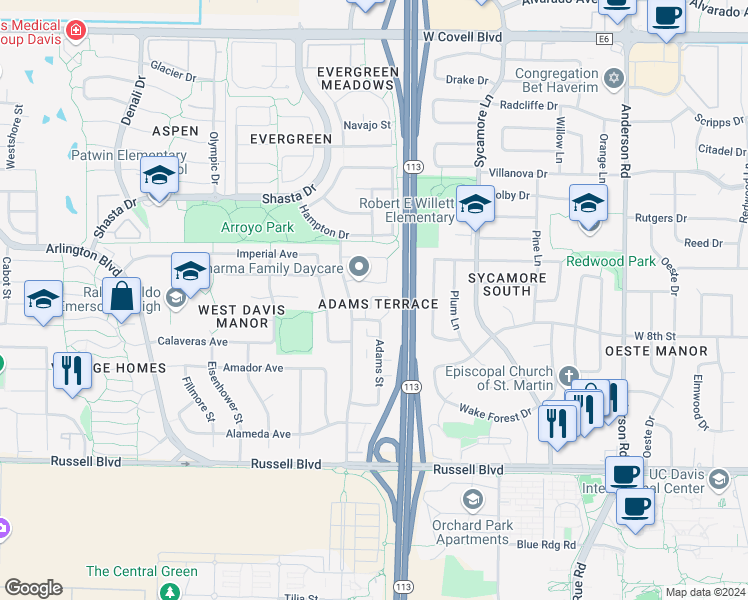 map of restaurants, bars, coffee shops, grocery stores, and more near 877 Adams Street in Davis