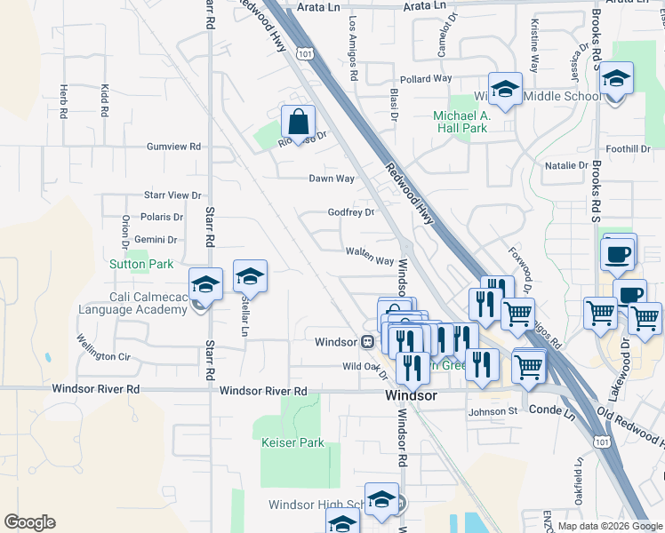 map of restaurants, bars, coffee shops, grocery stores, and more near 9291 Berwyn Way in Windsor