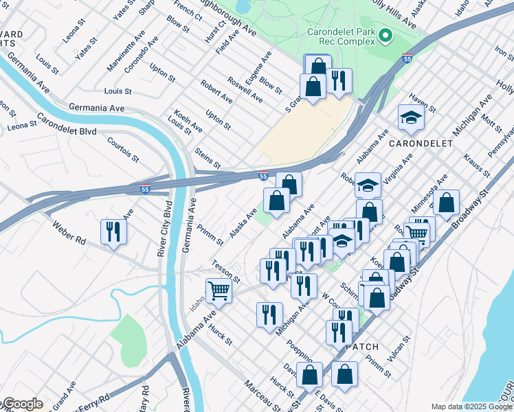 map of restaurants, bars, coffee shops, grocery stores, and more near 7612 Alaska Avenue in St. Louis