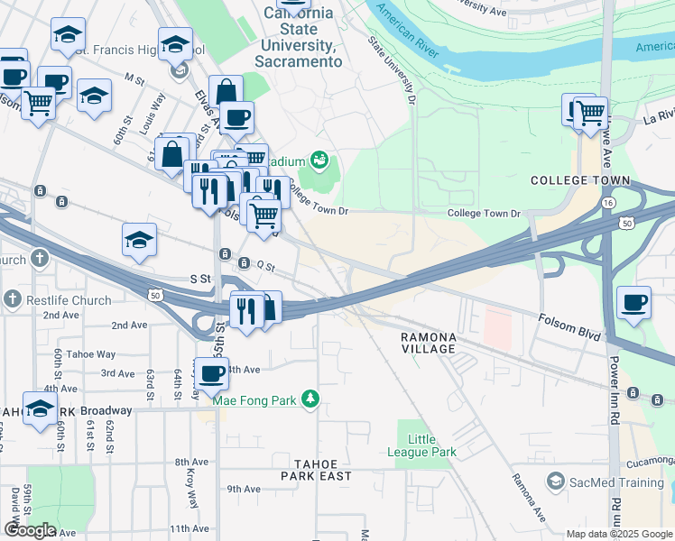 map of restaurants, bars, coffee shops, grocery stores, and more near 6948 Folsom Boulevard in Sacramento