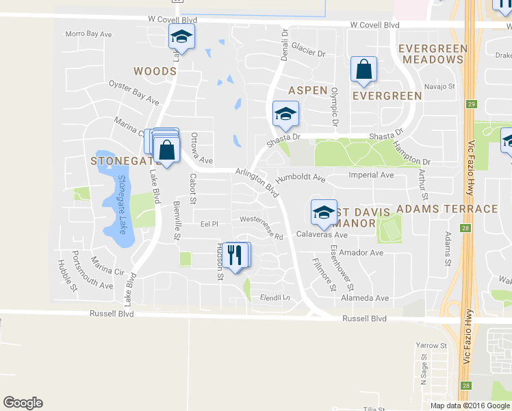 map of restaurants, bars, coffee shops, grocery stores, and more near 2400 Bombadil Lane in Davis