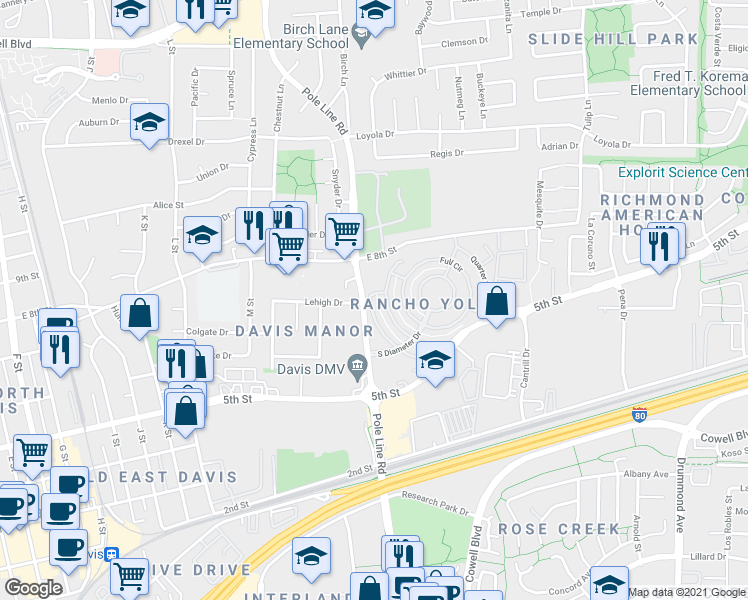 map of restaurants, bars, coffee shops, grocery stores, and more near 34 Outer Circle in Davis