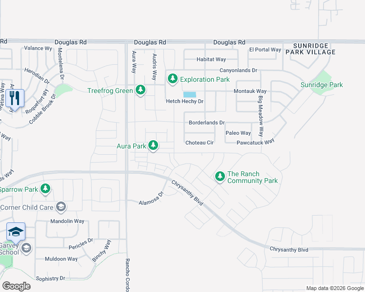 map of restaurants, bars, coffee shops, grocery stores, and more near 4223 Choteau Circle in Rancho Cordova